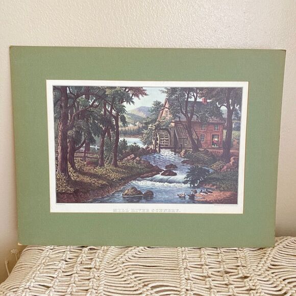 VTG Green Matted CURRIER & IVES Print Calendar Topper Mill River Scenery 1958 - Picture 1 of 7